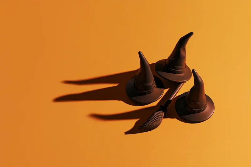 Three dark witch hats and a miniature broomstick arranged on an orange surface