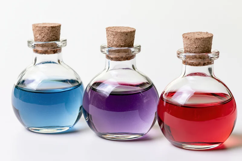 Three glass potion bottles with cork stoppers filled with blue, purple and red liquid arranged in a row on white background
