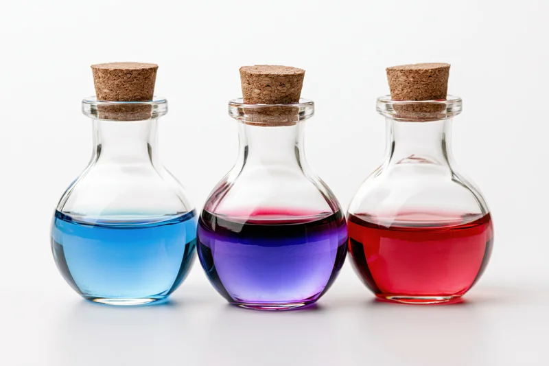 Three glass potion bottles with cork stoppers filled with blue, purple, and red liquids arranged in a row on a white surface