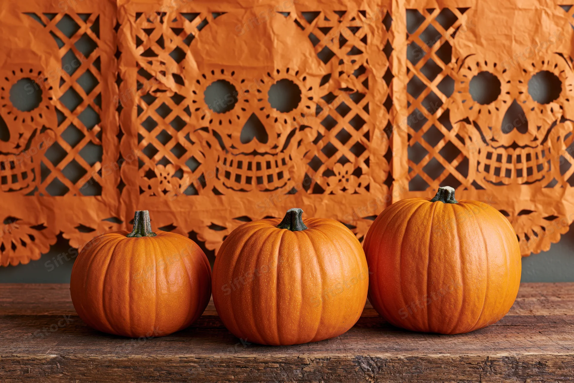 Three small orange pumpkins arranged on a rough wooden surface in front of orange paper skull cutouts