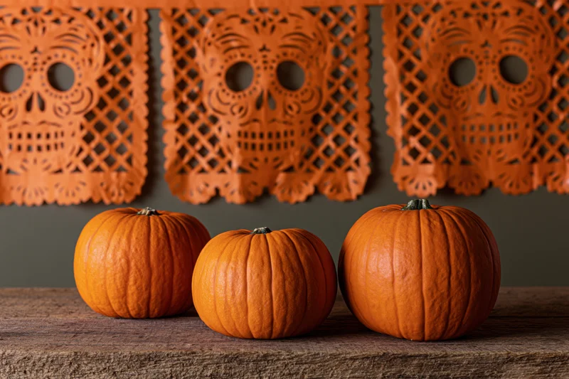Three small orange pumpkins arranged on a rough wooden surface with orange papercut skull decorations above