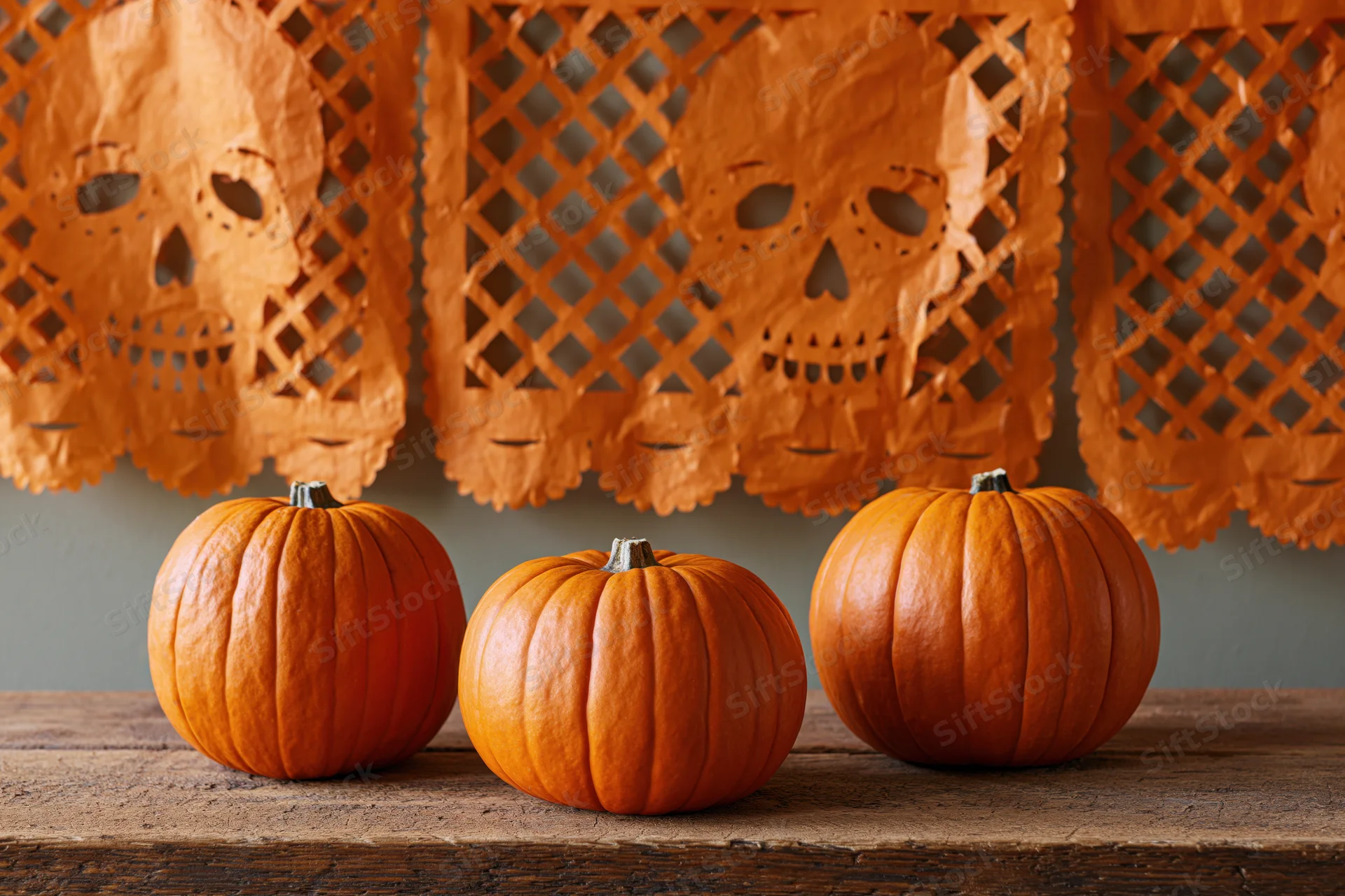 Three small orange pumpkins arranged on a rough wooden surface with paper skull cutouts above