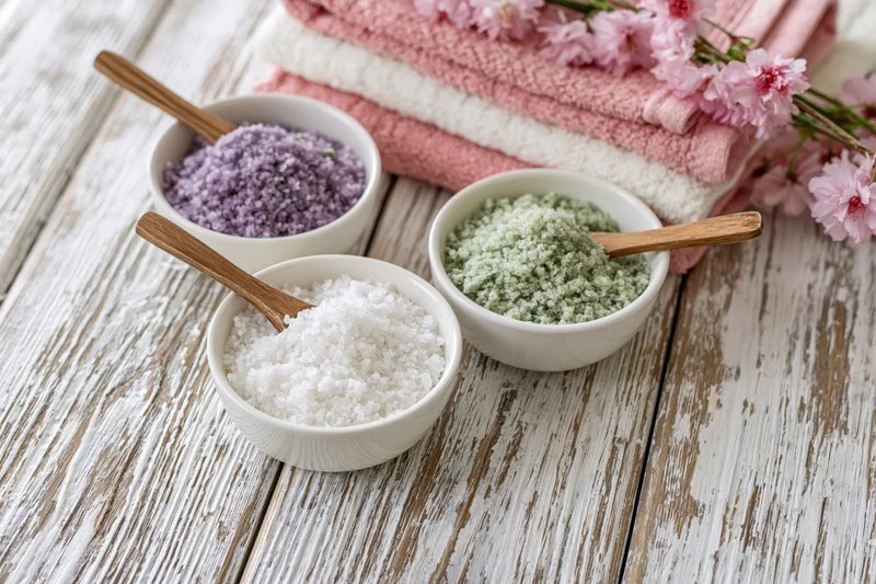 Three ceramic bowls with colored bath salts and wooden spoons on a whitewashed wooden table beside pink towels and cherry blossoms
