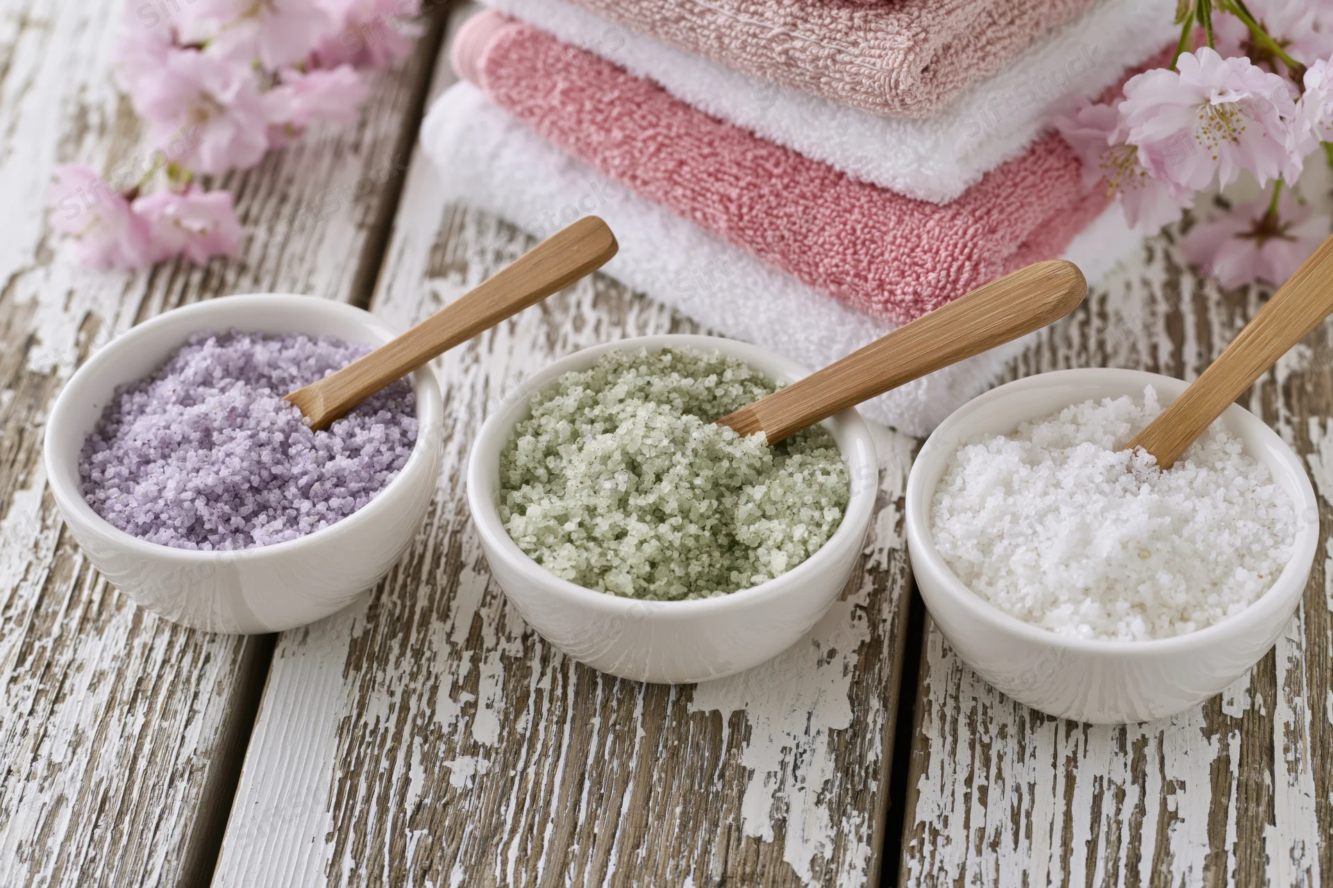 Three ceramic bowls with colored bath salts and bamboo spoons on a rustic wooden table beside folded towels and cherry blossoms