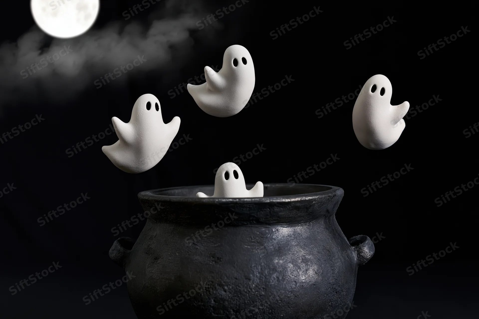 White ceramic ghost figurines floating above a black cauldron under a full moon at night