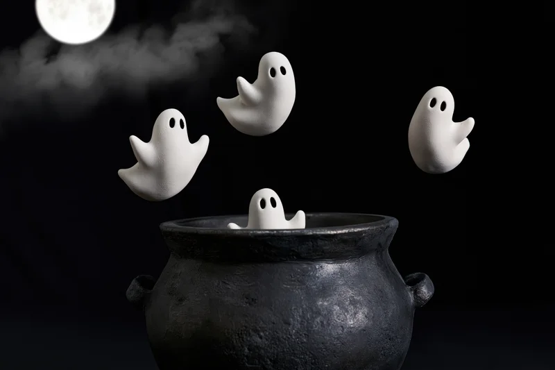 White ceramic ghost figurines floating above a black cauldron under a full moon at night