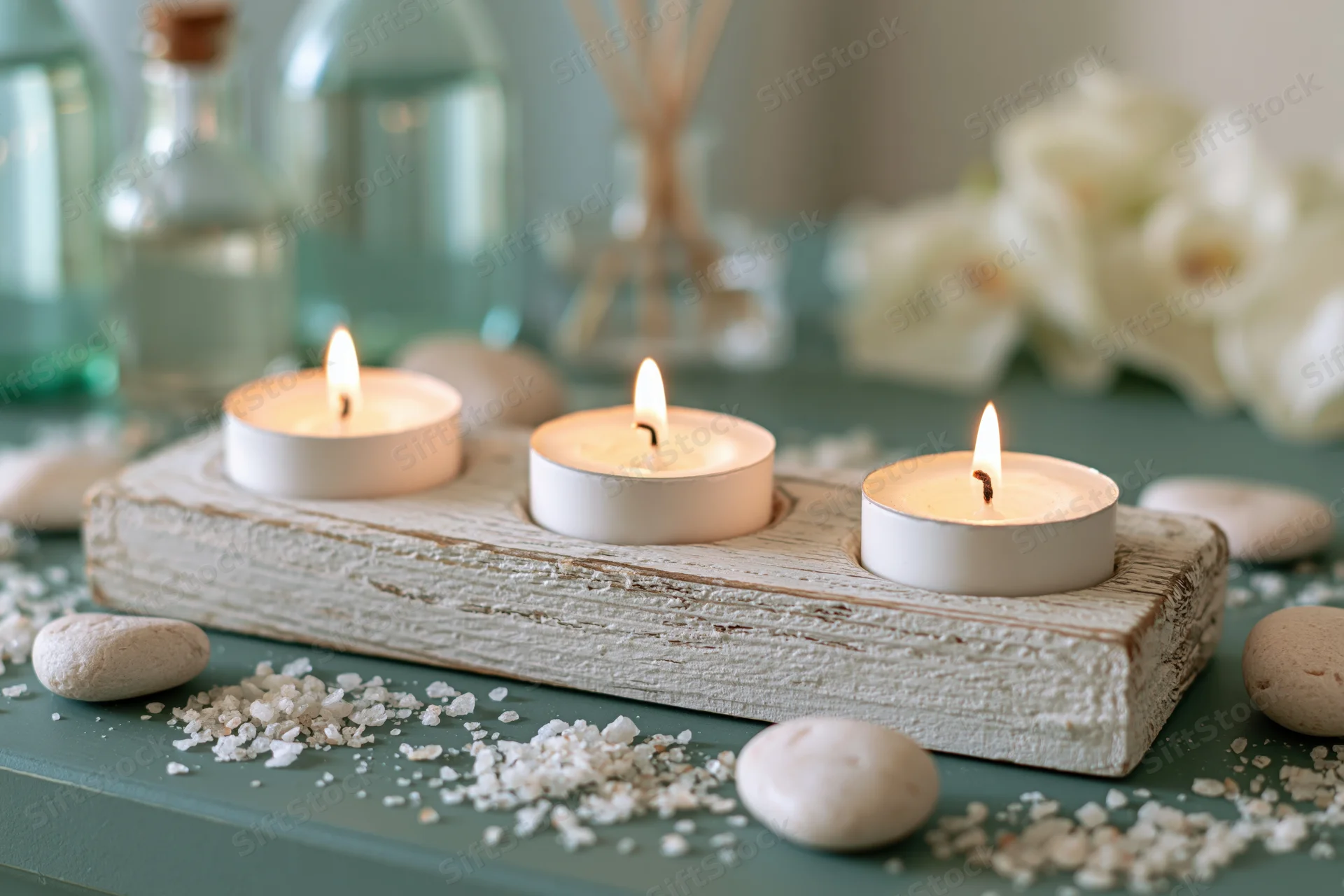 Three burning white tealight candles on a whitewashed wooden holder surrounded by stones and salt on a green surface