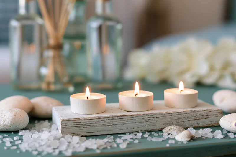 Three burning tealight candles on a whitewashed wooden holder surrounded by salt crystals, seashells, and glass bottles on a teal surface
