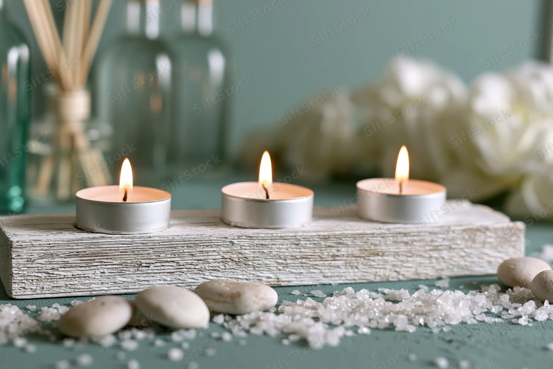 Three burning tealight candles on a whitewashed wooden block surrounded by salt, stones, and glass bottles with reed diffusers and white flowers in the background