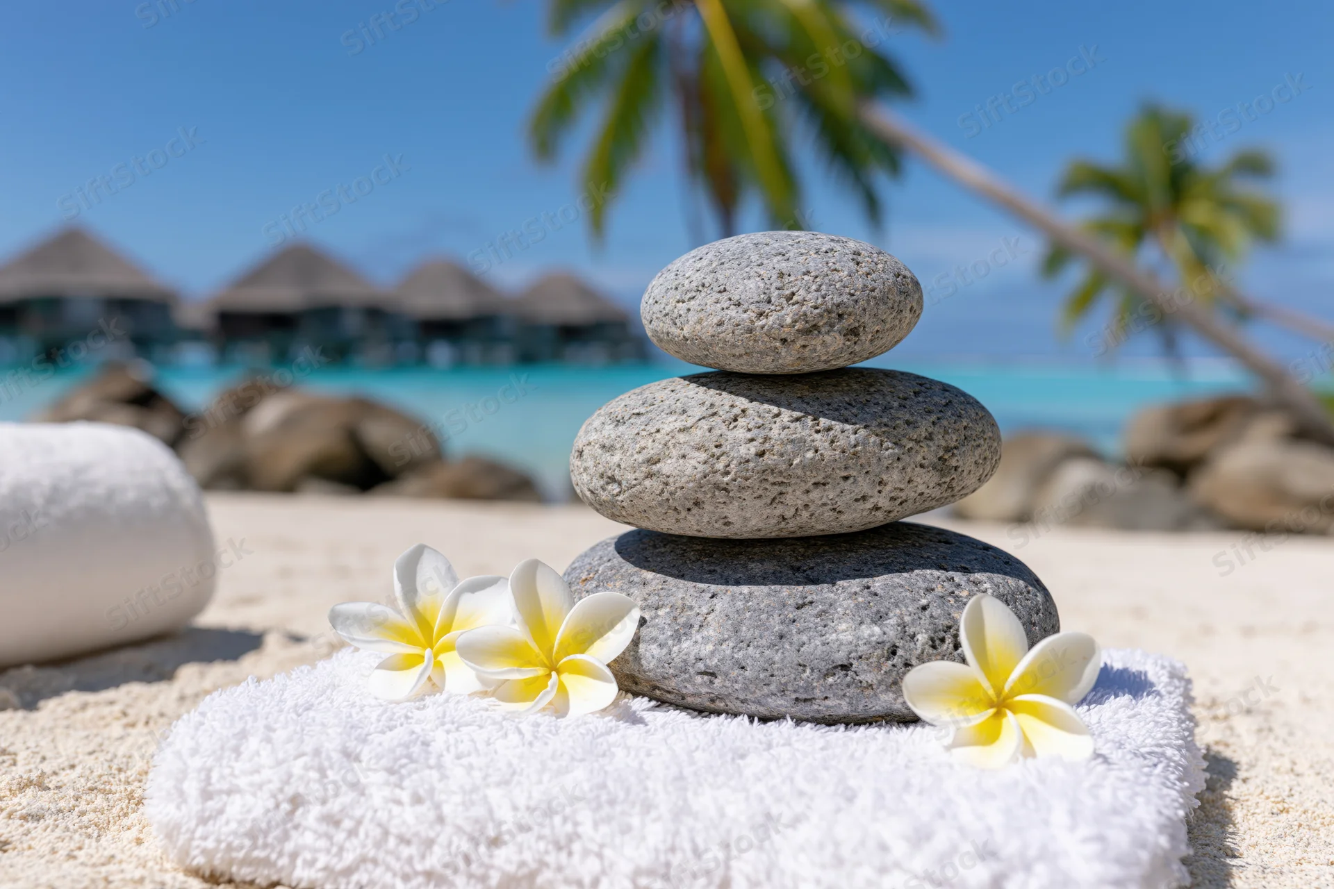Stacked stones on a white towel with frangipani flowers on a sandy beach near palm trees and ocean