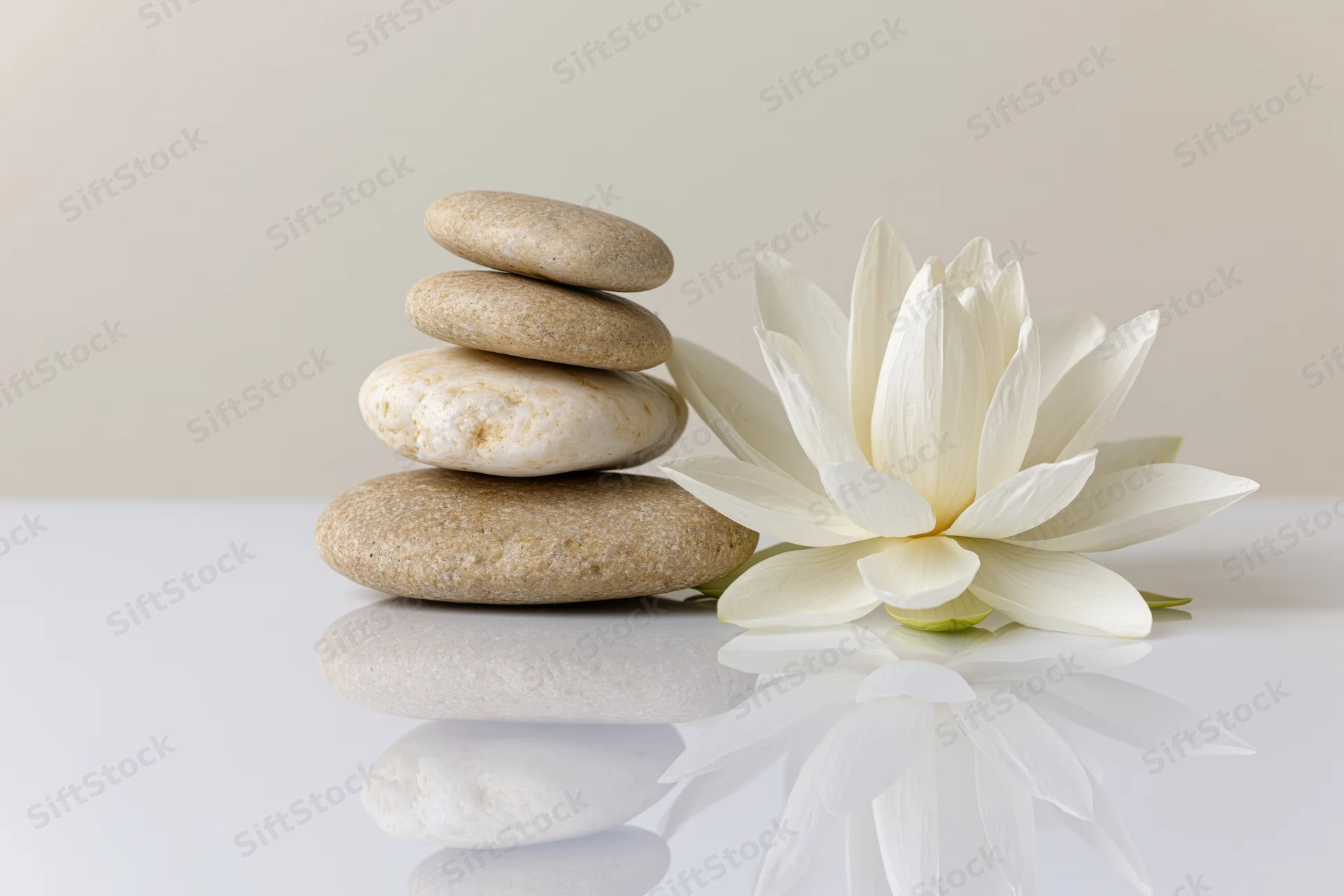 Stacked smooth stones beside a white lotus flower on a reflective white surface