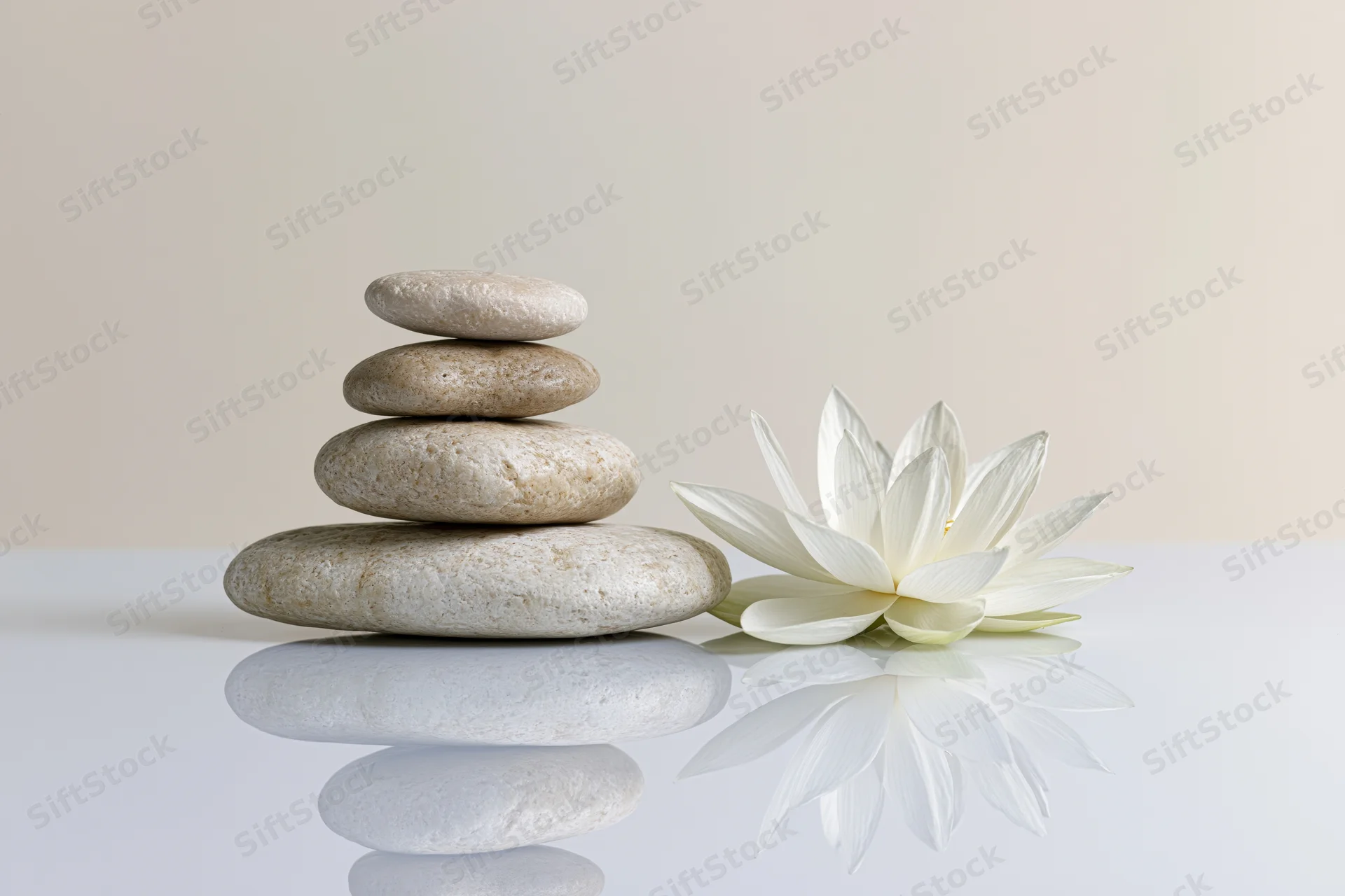Stacked river stones beside a white lotus flower on a reflective surface