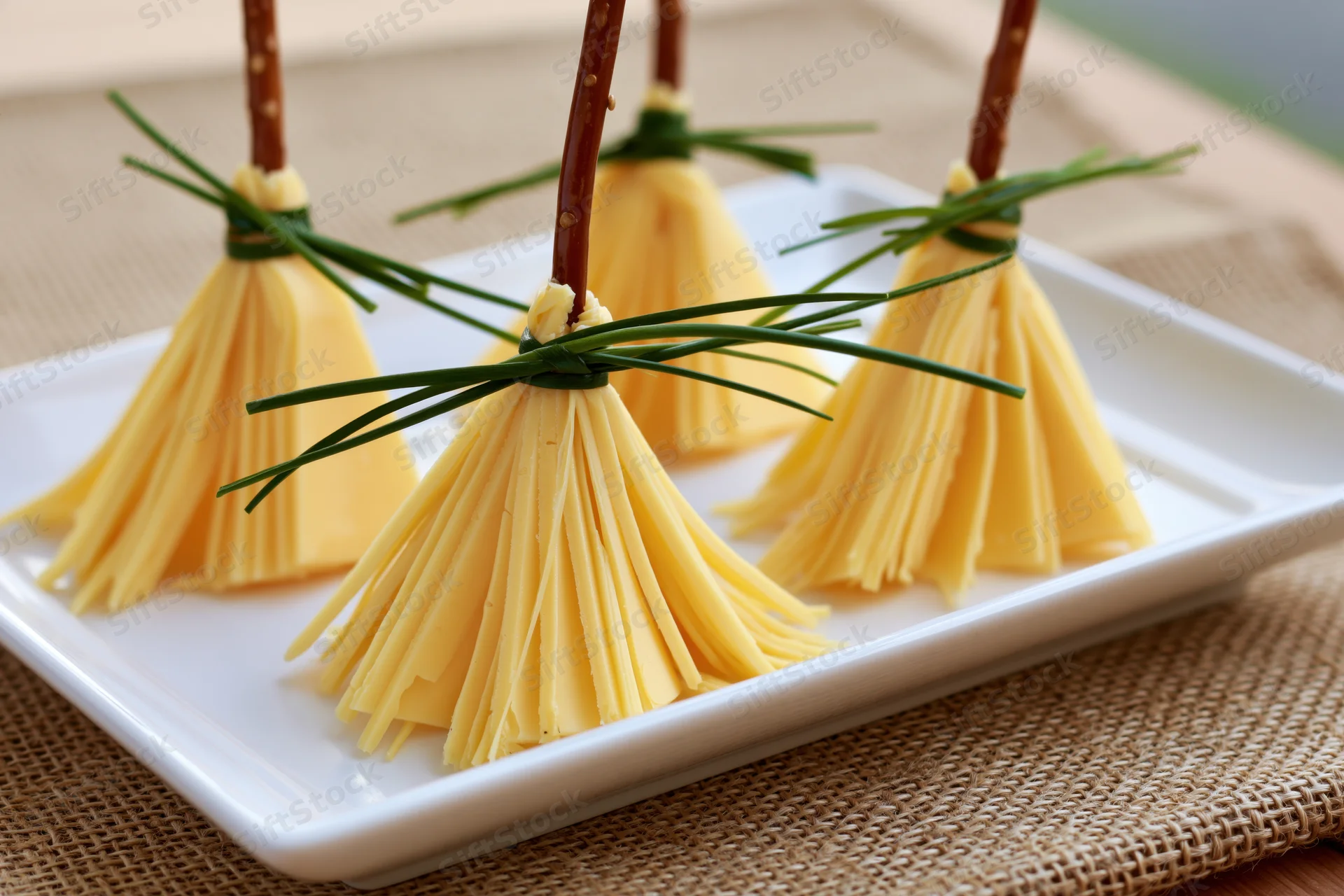 Cheese broom appetizers arranged on a white plate for halloween party