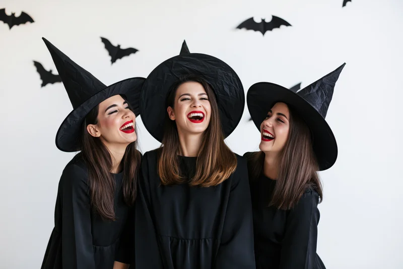 Three women in witch costumes laughing together indoors