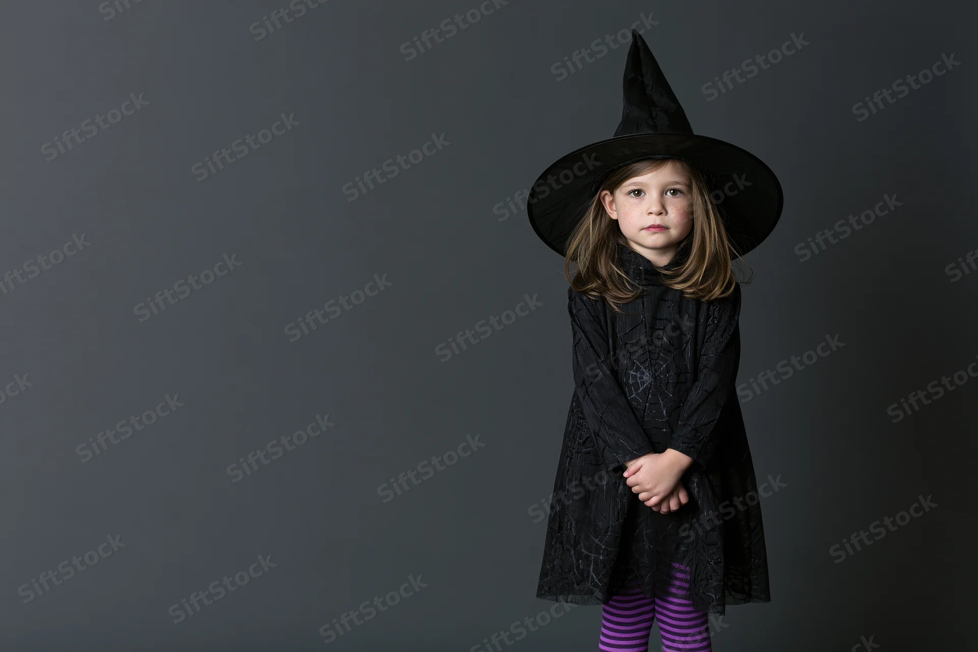 Toddler girl in witch costume standing and looking directly at camera in studio setting