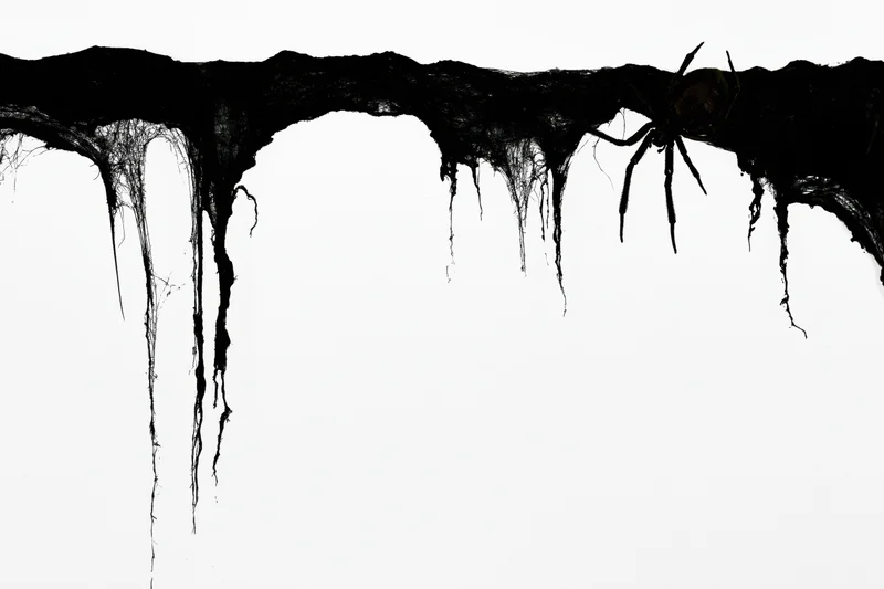Black spider web silhouette draped across top frame edge with spider on white background