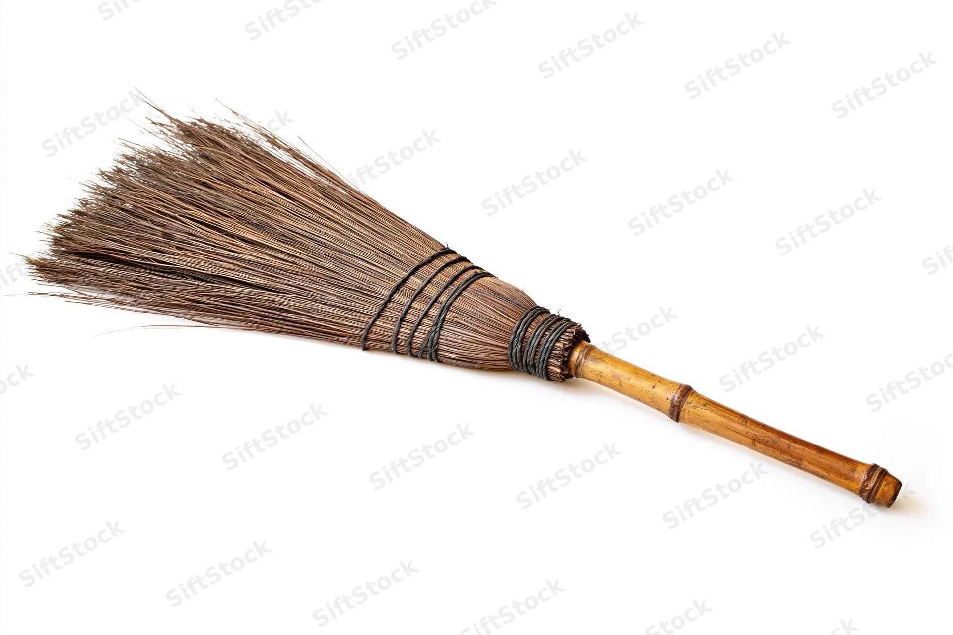 Traditional straw broom with worn bamboo handle lying on white background