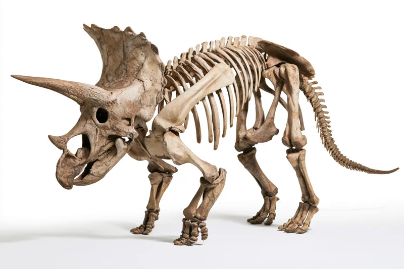 Triceratops dinosaur skeleton fossil mount displayed in a museum exhibit