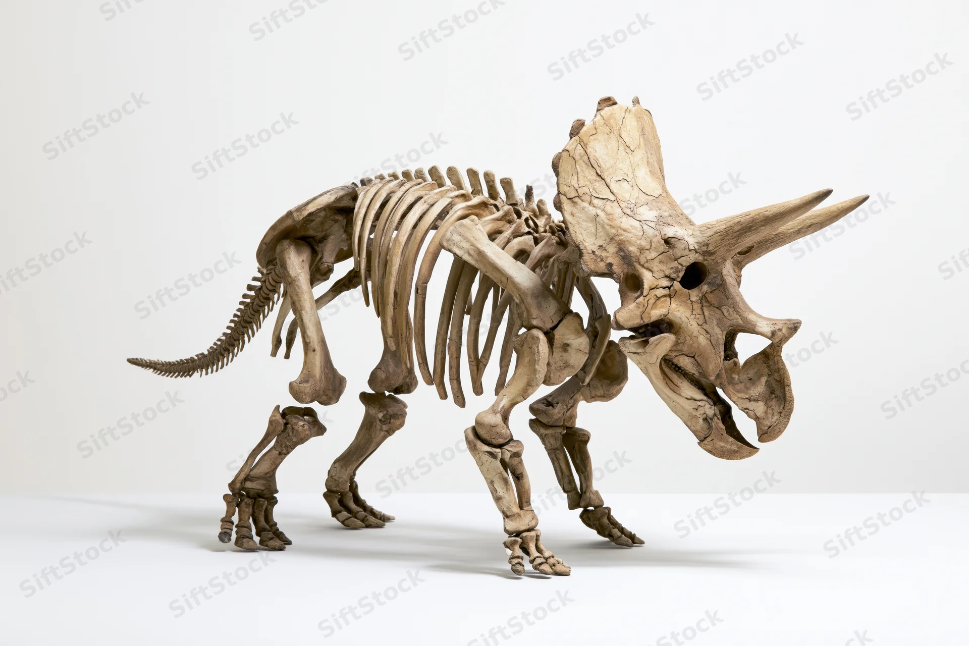 Triceratops dinosaur skeleton fossil mount displayed in a museum exhibit