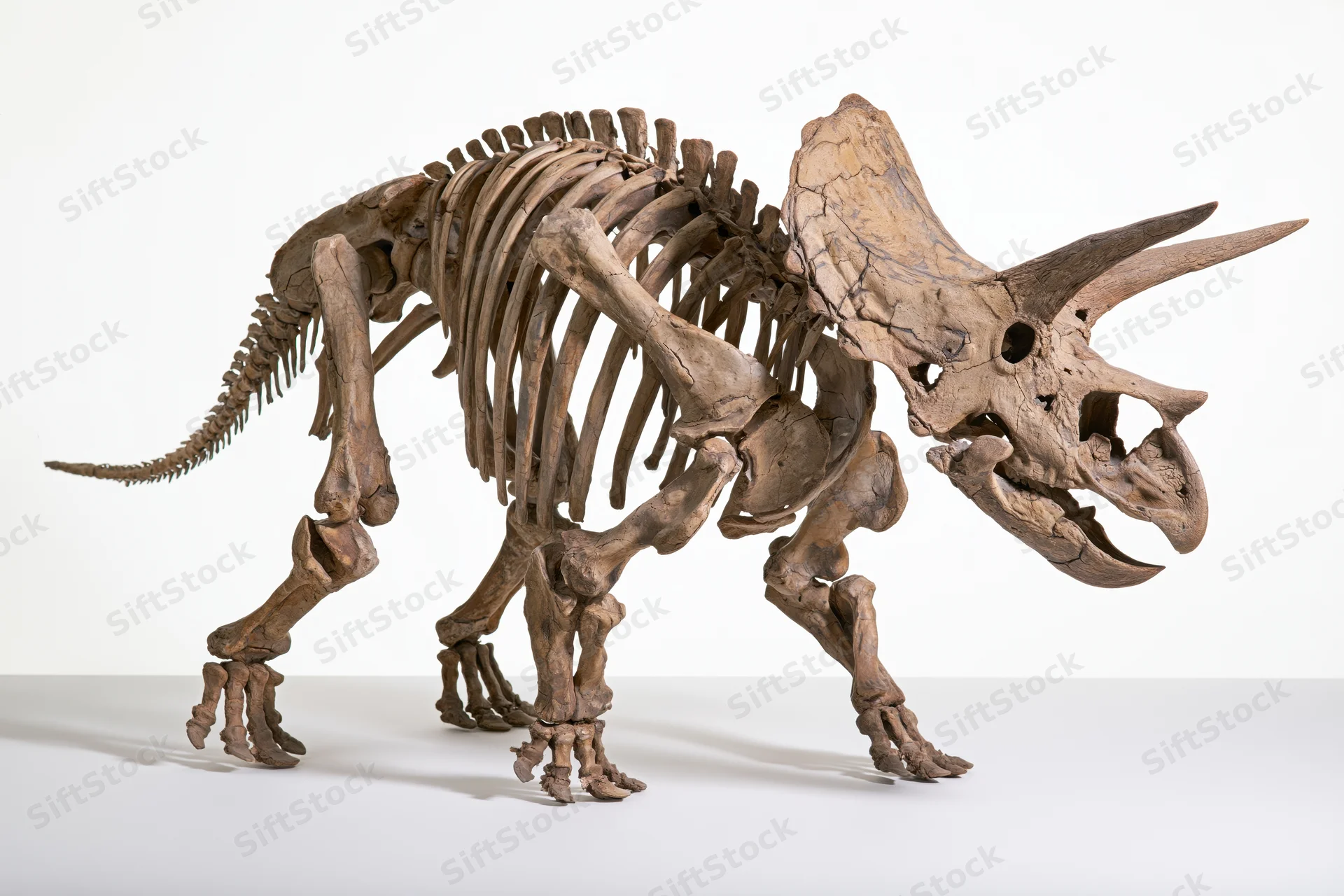 Triceratops dinosaur skeleton fossil mount displayed in a museum exhibit