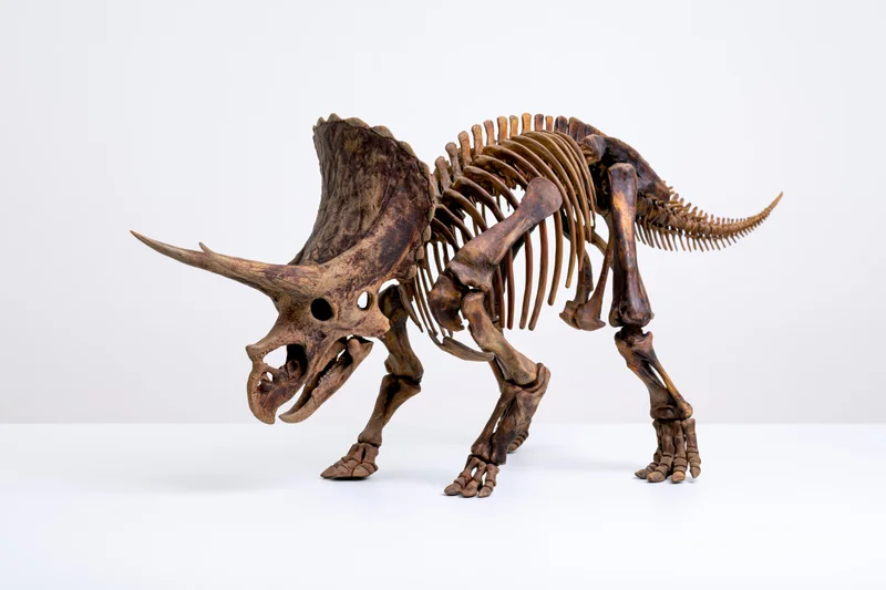 Triceratops skeleton replica posed with lowered head on white background