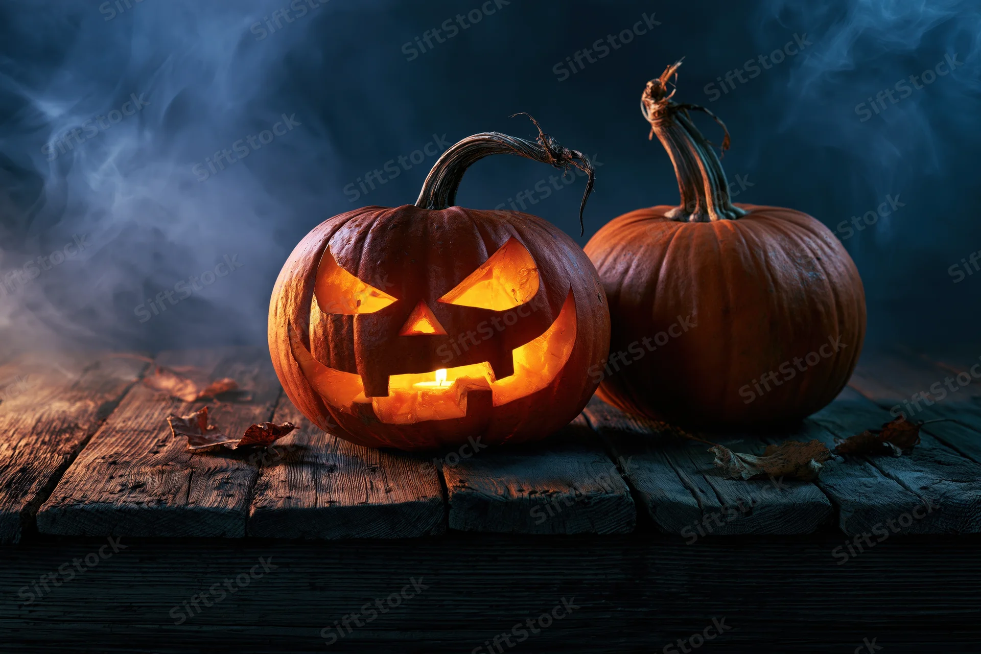 Carved pumpkin glowing with candlelight beside a whole pumpkin on weathered wooden planks with smoke and autumn leaves