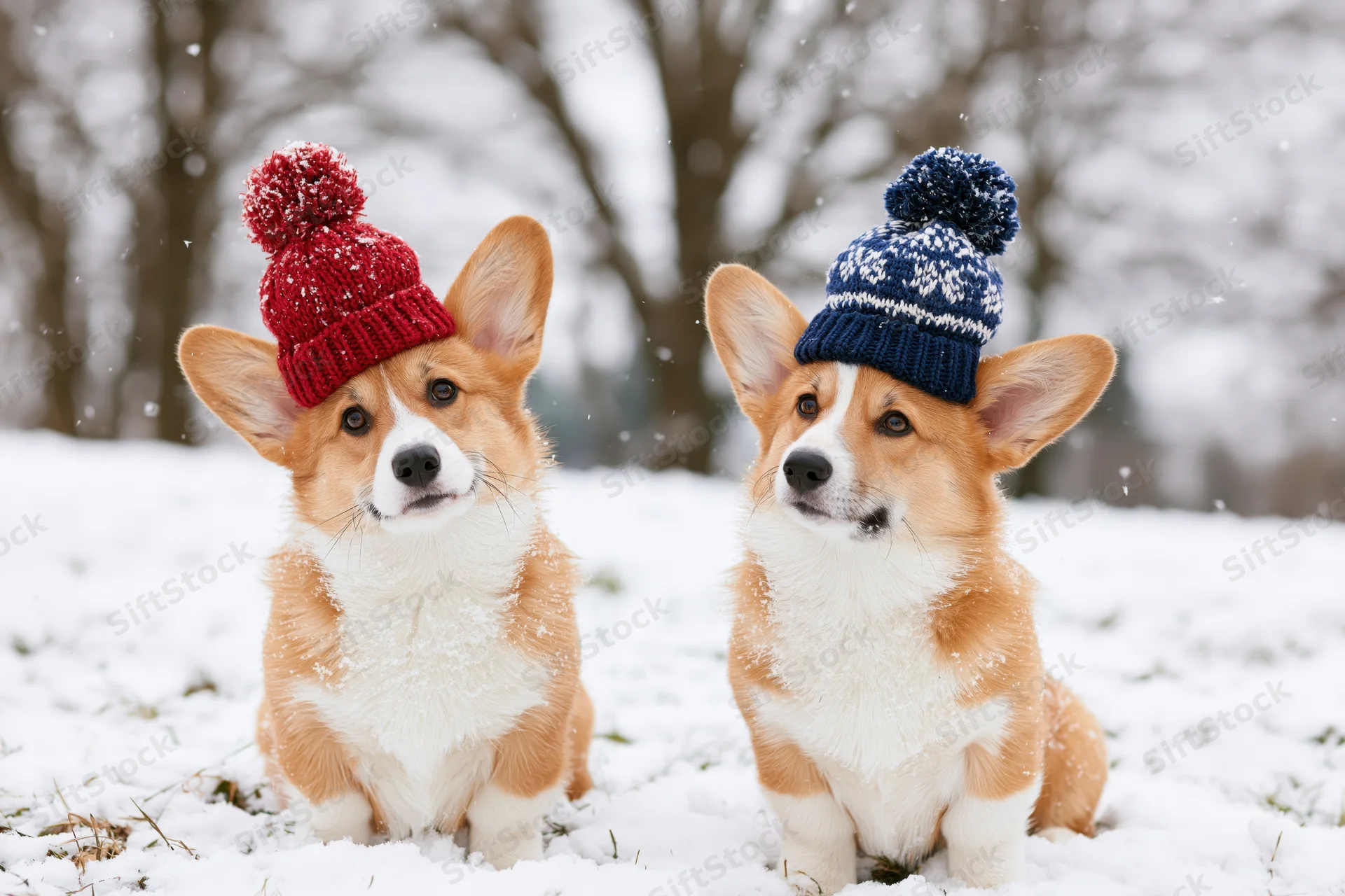 Two pembroke welsh corgi puppies sitting side by side in snow wearing knit hats