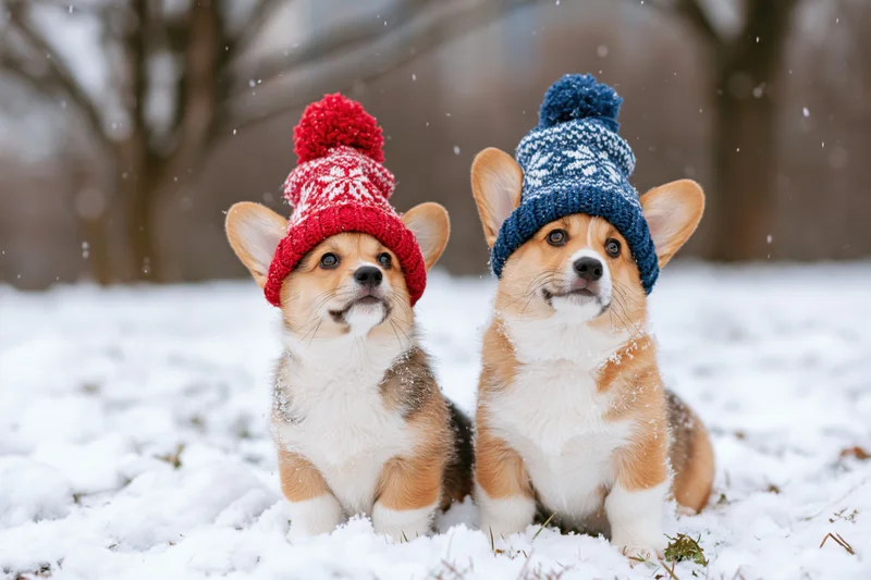 Two corgi puppies wearing knit hats sitting side by side in snow