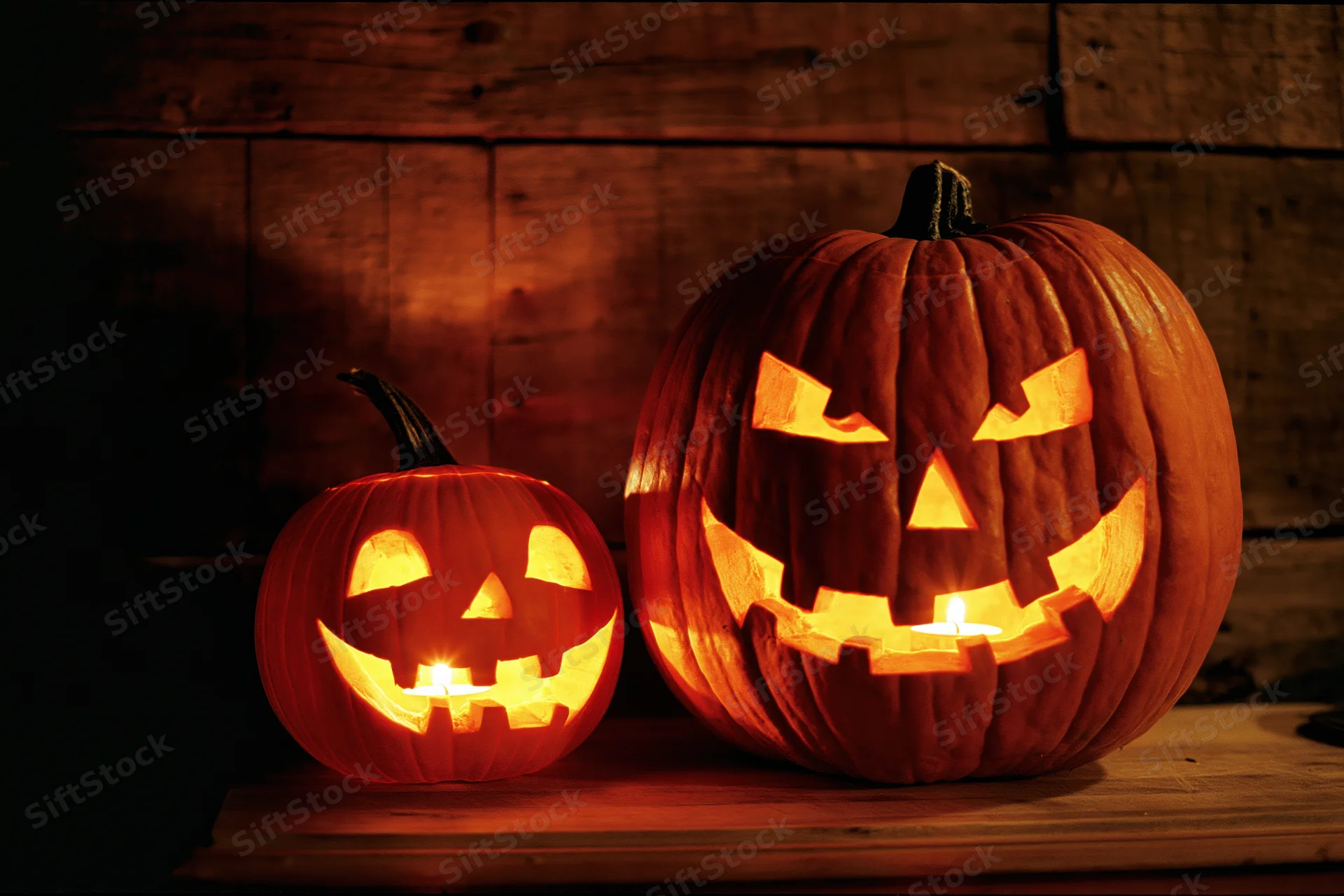 Two carved pumpkins glowing with candles on a wooden surface at night