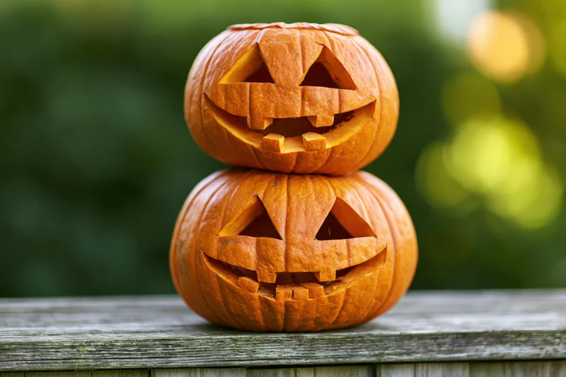 Two carved jack-o-lanterns stacked on a wooden fence outdoors