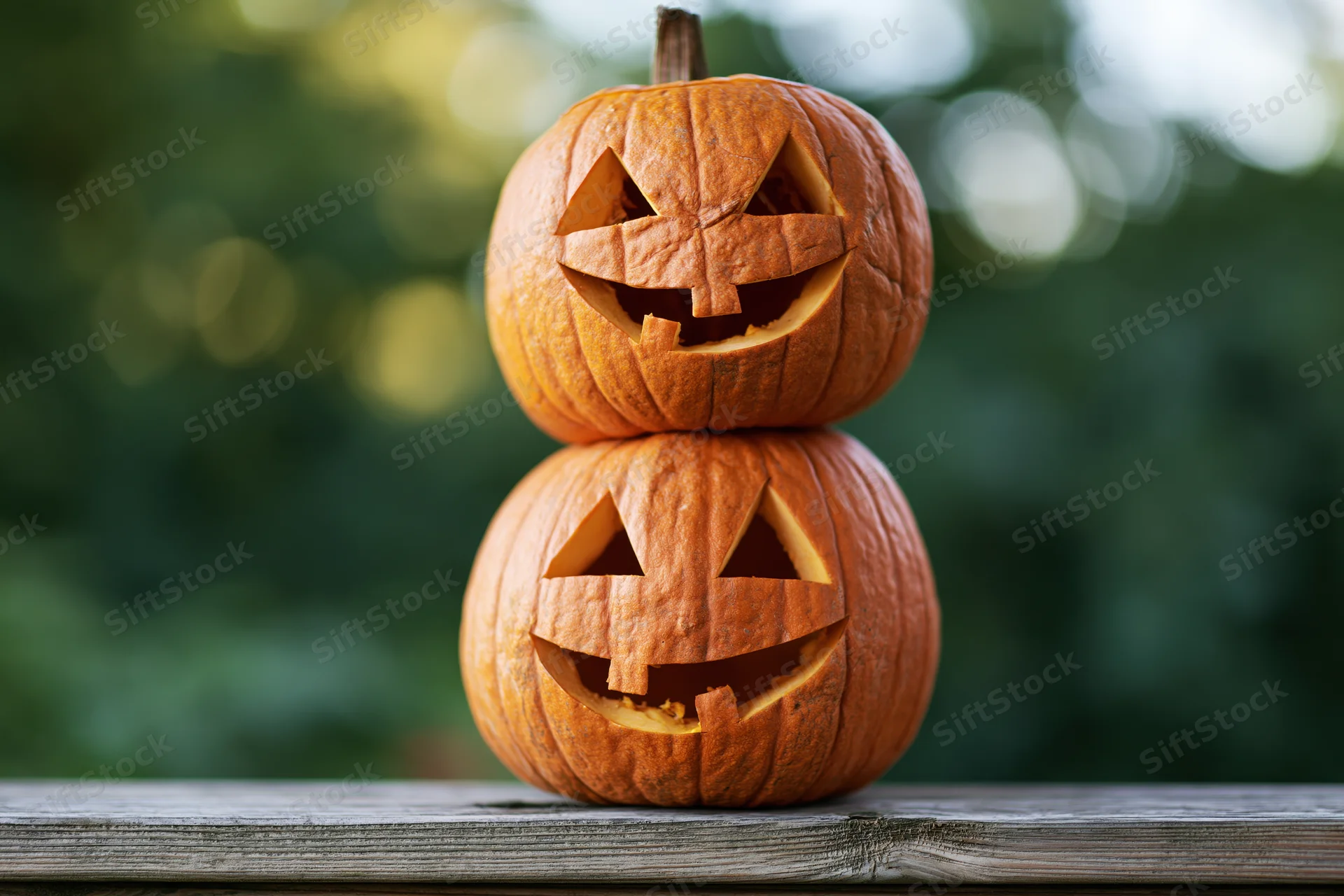 Two carved jack-o-lanterns stacked on a wooden table outdoors