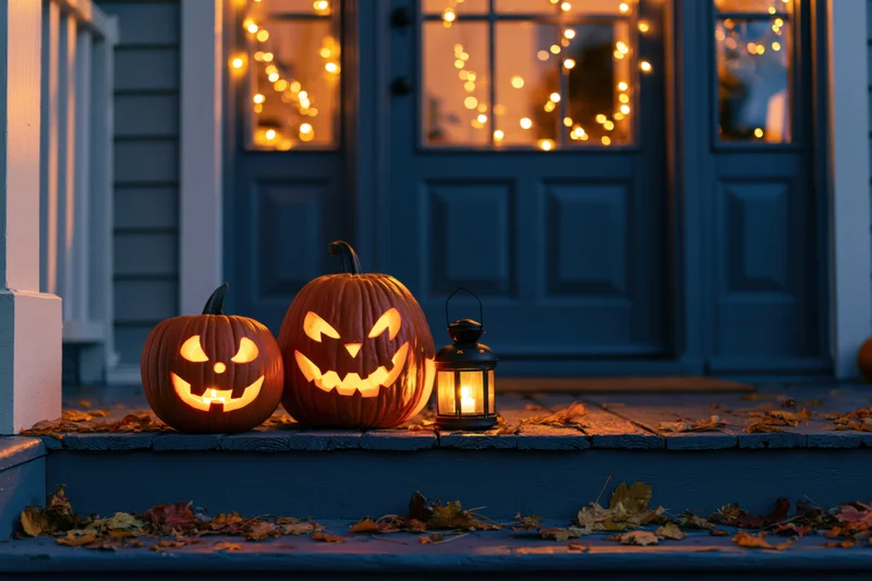 Two carved jack-o-lanterns and a lantern glowing on a porch steps at twilight