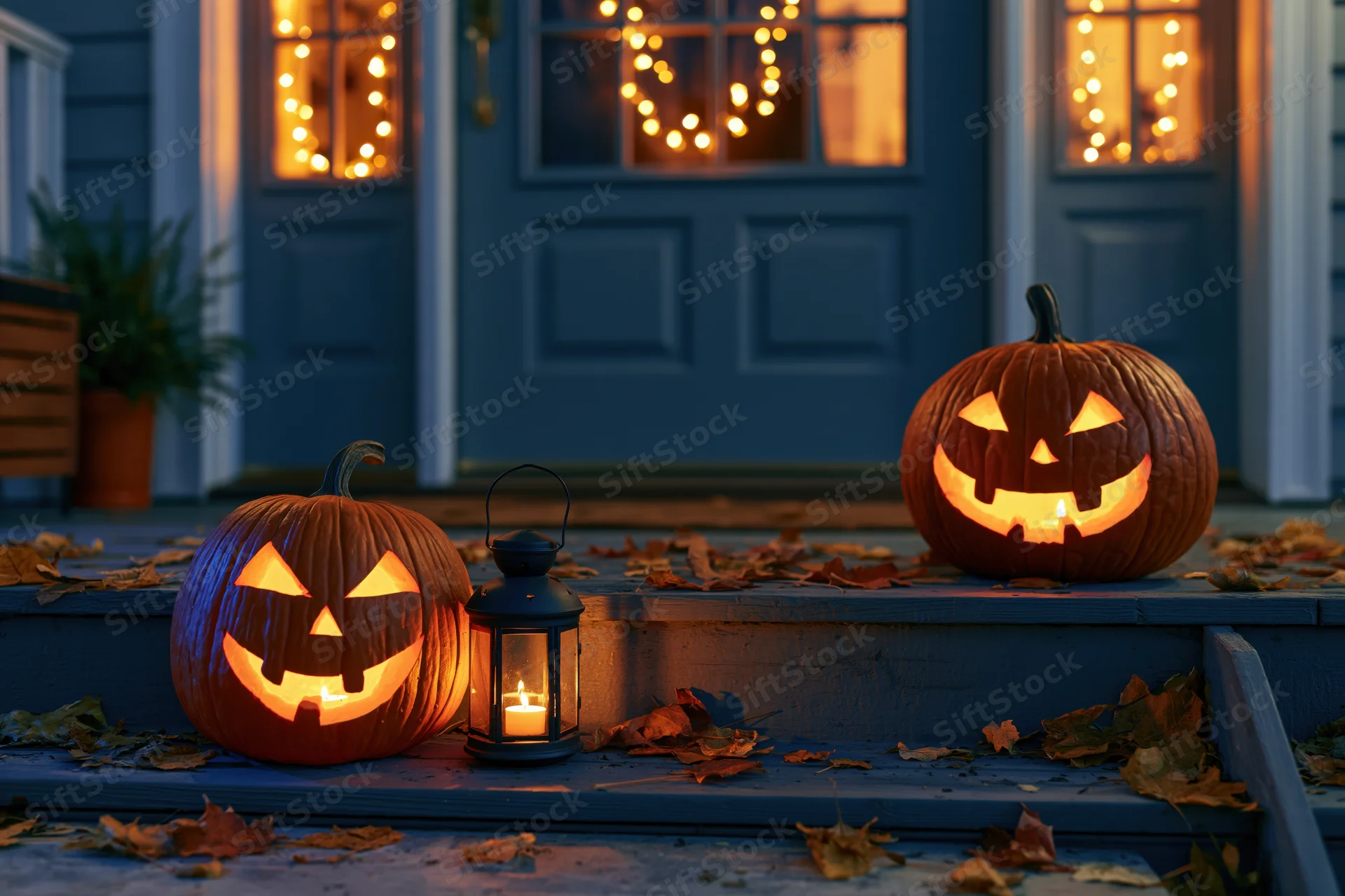 Two carved jack-o-lanterns and a lantern glowing on a porch steps at night