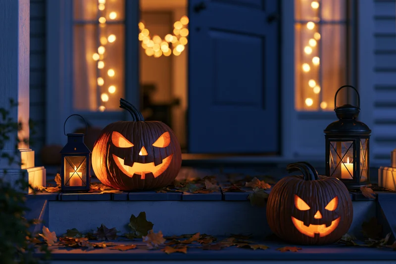 Two carved jack-o-lanterns and a lantern glowing on a porch steps at evening