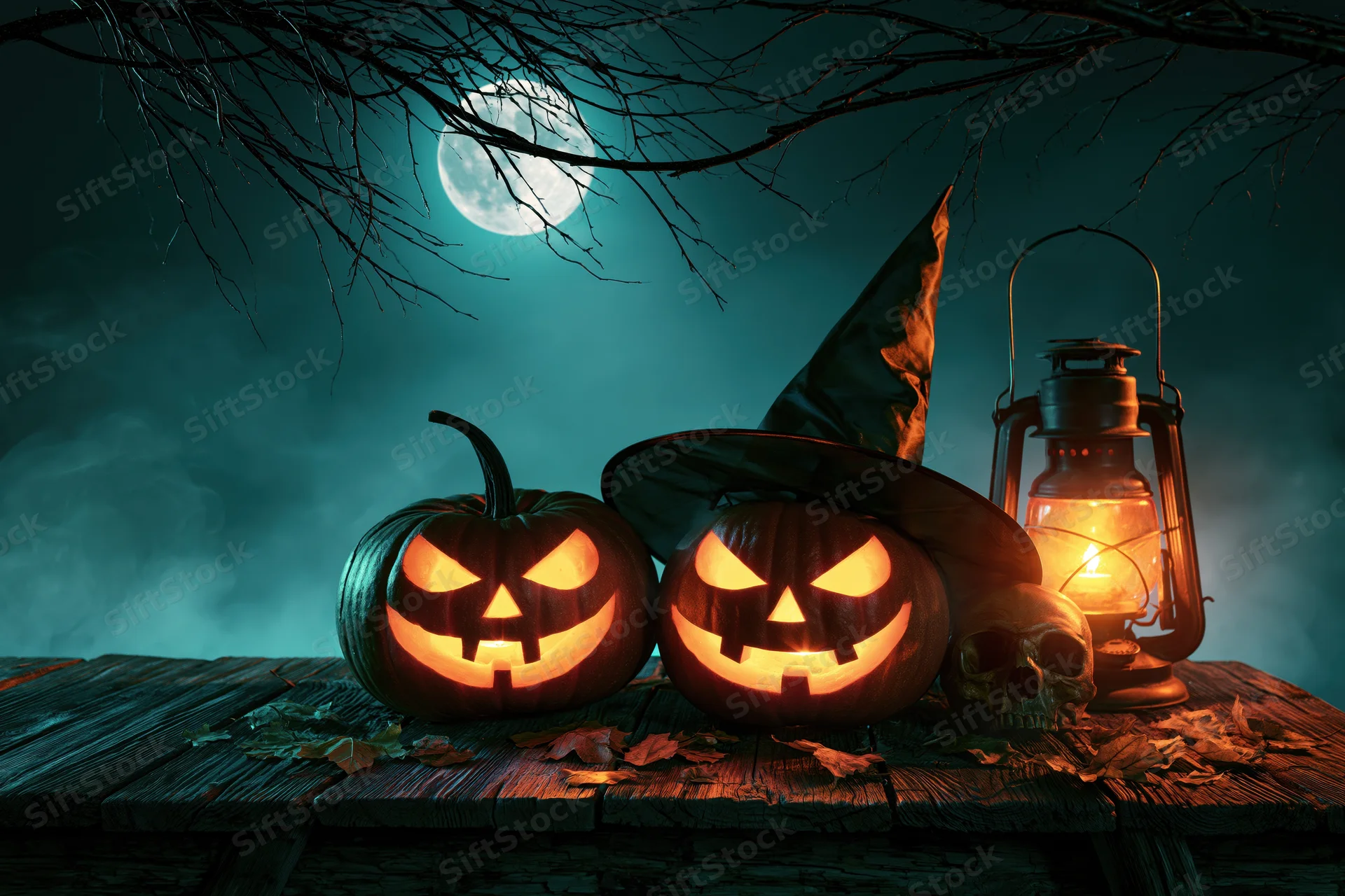 Two carved jack-o-lanterns with glowing orange faces on a wooden table under a full moon at night, surrounded by a witch hat, skull, lantern, and bare branches