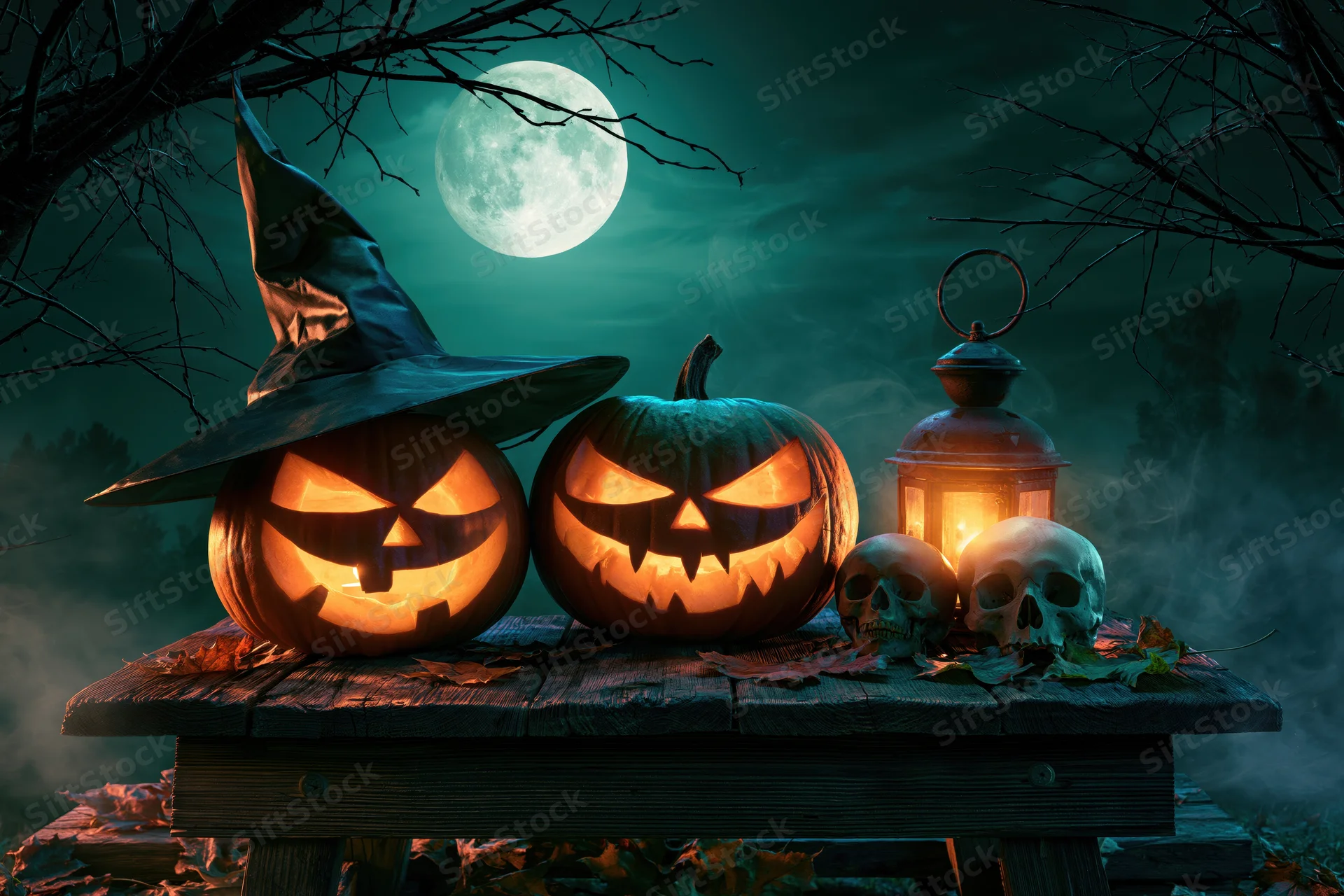 Two carved jack-o-lanterns with glowing orange faces on a wooden table under a full moon at night