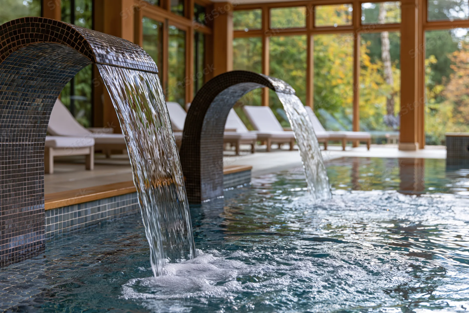 Curved mosaic water jets cascading into indoor pool with lounge chairs and large windows overlooking autumn trees