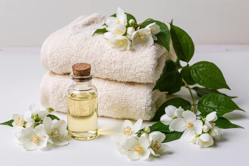 Jasmine flowers and essential oil bottle beside folded cream towels on white surface
