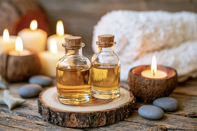 Two glass bottles of amber essential oil on a wooden slice with lit candles and smooth stones on a rustic table