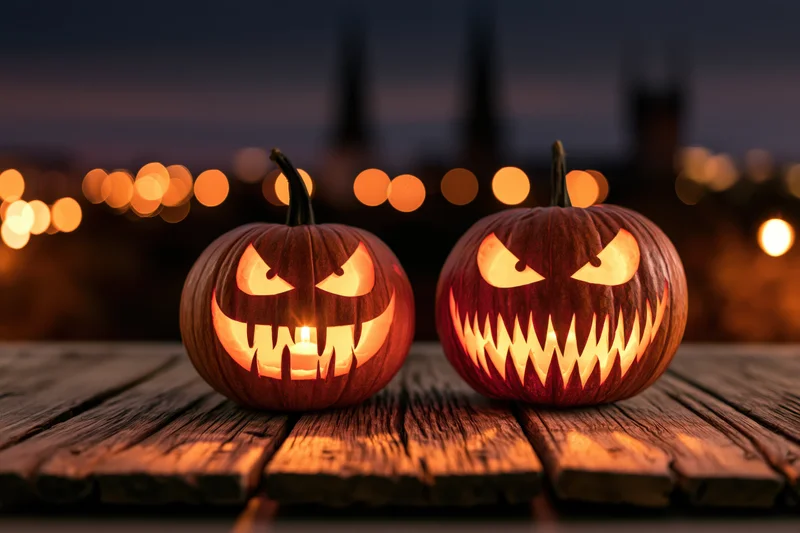 Two glowing jack-o-lanterns with carved grimacing faces on a wooden table at dusk