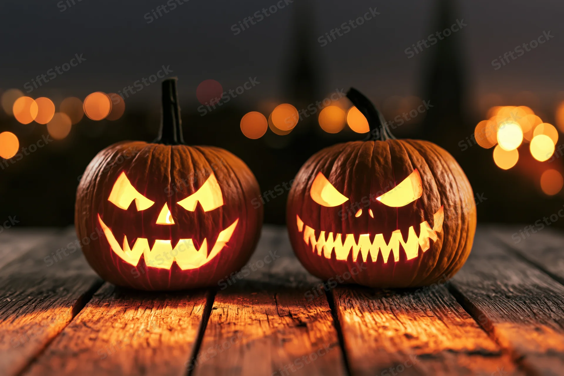 Two glowing jack-o-lanterns with carved grimacing faces sitting on a wooden table at night