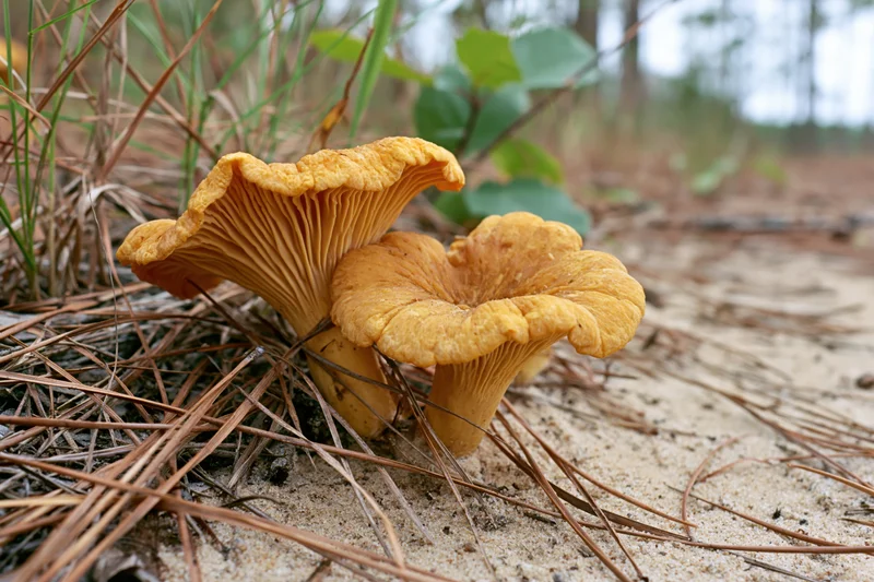 Two golden chanterelle mushrooms growing low on sandy forest floor among pine needles and green foliage