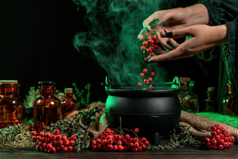 Witch's hands dropping red berries into a smoking cauldron on a dark table surrounded by herbs and glass bottles