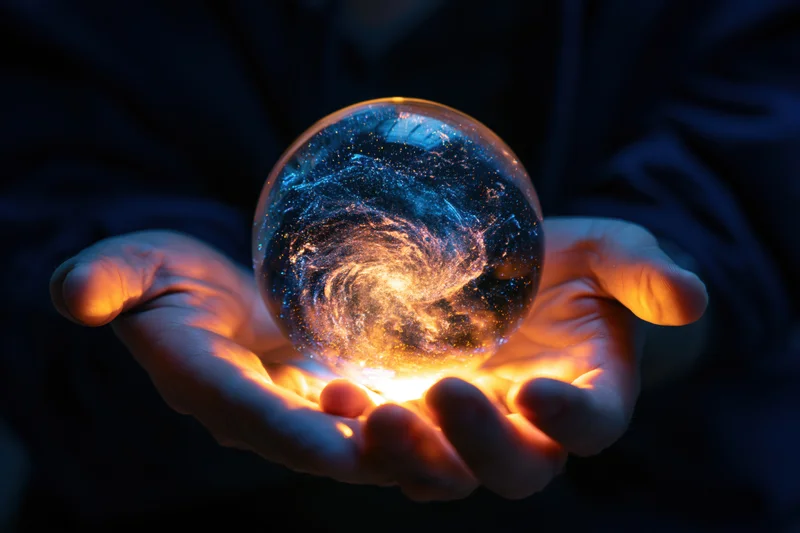 Hands cupping a glowing crystal ball containing a swirling galaxy