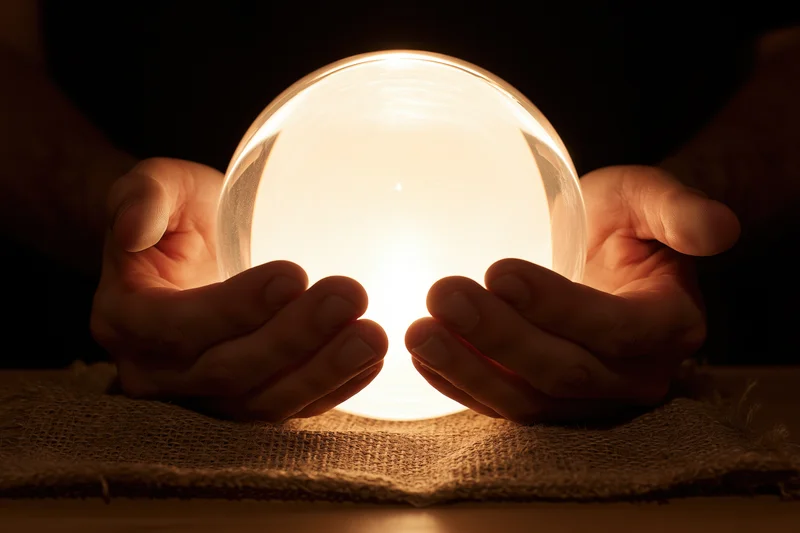 Hands cradling a glowing crystal ball on burlap fabric in dim light