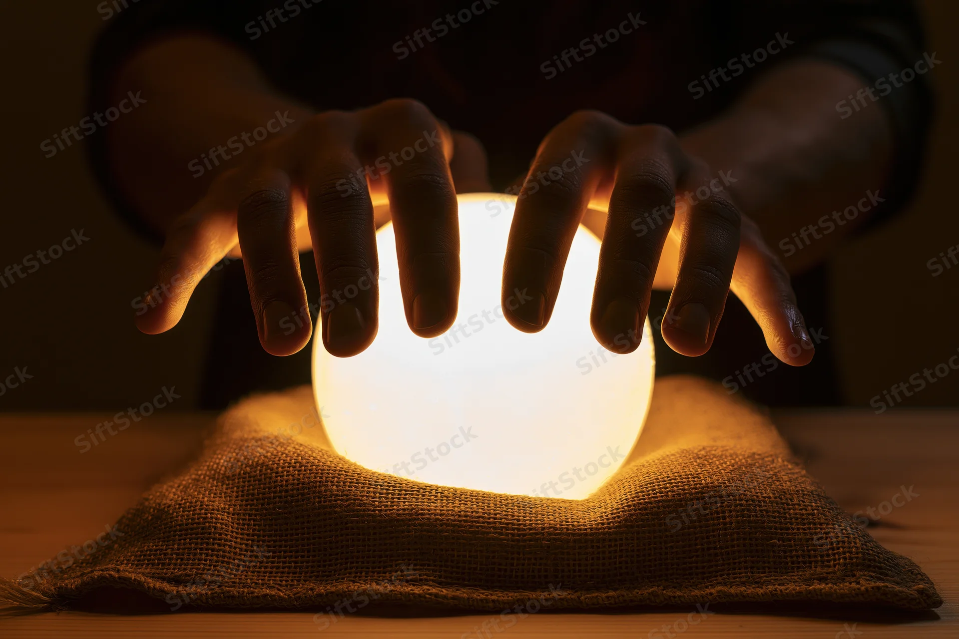 Hands hovering over a glowing crystal ball resting on burlap on a wooden table
