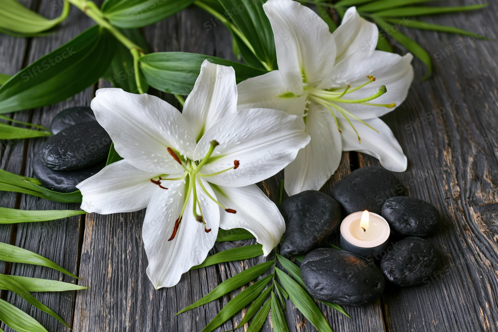 White lily flowers with black stones and lit candle on dark wooden surface