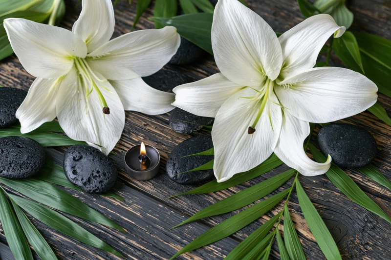 Two white lily blooms with green leaves and black stones on a dark wooden table, a small candle lit between them