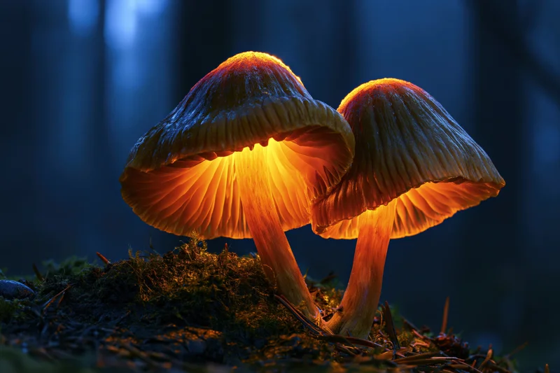 Two glowing mushrooms growing from mossy forest floor at night