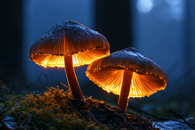 Two glowing mushrooms growing from mossy forest floor at twilight